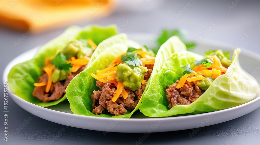 Fresh lettuce wraps filled with seasoned meat, topped with vibrant vegetables and guacamole, creating a healthy and delicious meal option. Fresh lettuce wraps filled with seasoned meat, topped with vibrant vegetables and guacamole, creating a healthy and delicious meal option.