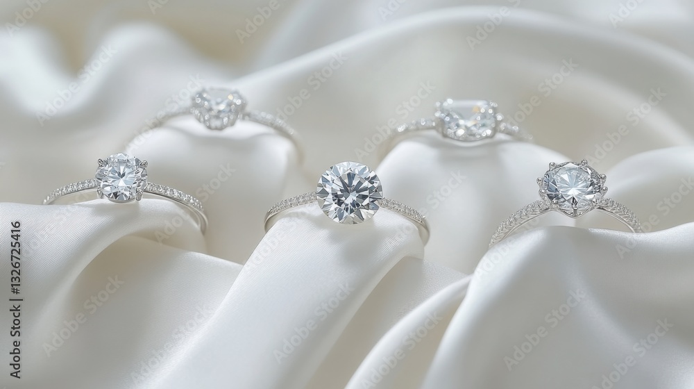 A set of diamond rings displayed on a soft white silk background with elegant lighting A set of diamond rings displayed on a soft white silk background with elegant lighting