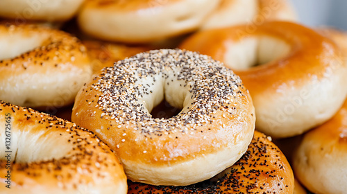Freshly baked bagels with golden brown crust, some topped with sesame, poppy seeds, and everything seasoning, stacked together in close up view