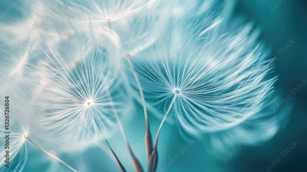 Naklejka premium Delicate dandelion seeds in teal background