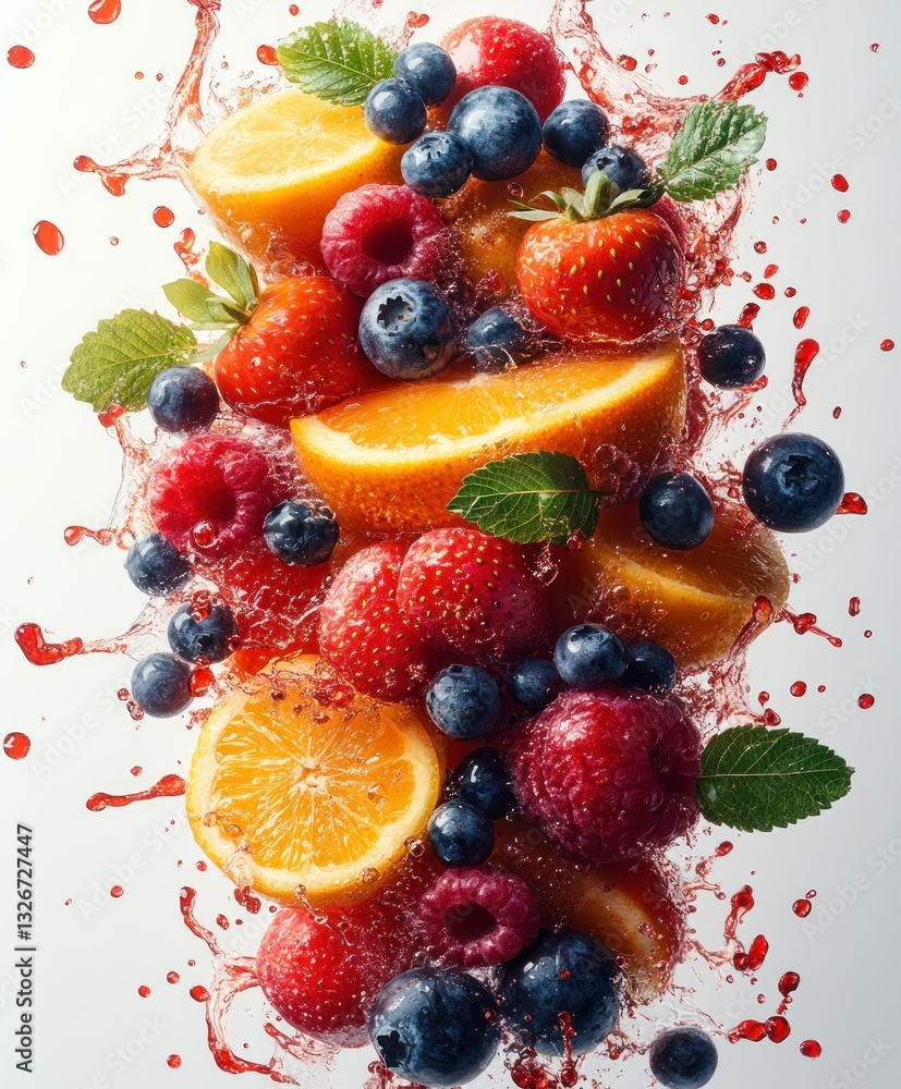Dynamic Fruit Splash with Berries in a Spiral Vortex of Fresh Juice Dynamic Fruit Splash with Berries in a Spiral Vortex of Fresh Juice