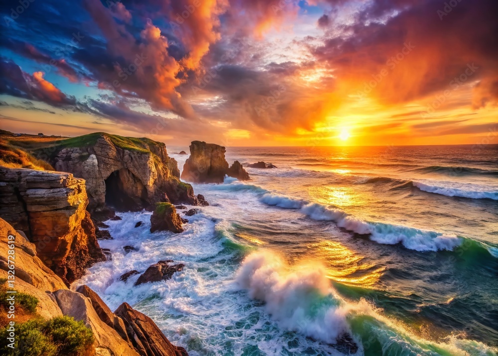 Naklejka premium Dramatic Coastal Sunset: Rocky Cliffs, Ocean Waves, Bokeh