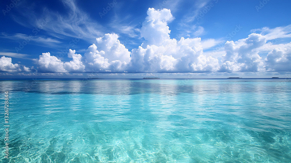 Crystal clear turquoise ocean water stretches to horizon under deep blue sky with fluffy white clouds, creating serene and tranquil tropical paradise Crystal clear turquoise ocean water stretches to horizon under deep blue sky with fluffy white clouds, creating serene and tranquil tropical paradise