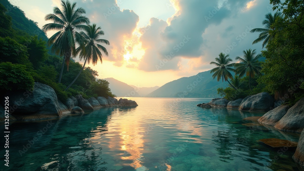 Fototapeta premium A serene tropical landscape with palm trees, clear water, and mountains in the background at sunset.