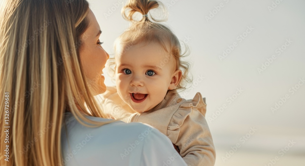 Caucasian female holding smiling child on a sunny day at the beach Caucasian female holding smiling child on a sunny day at the beach