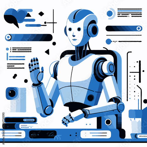 Cartoon Robot Working on Computer, in Blue and White, Representing Artificial Intelligence and Automation, with copy space