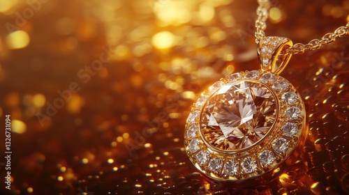 Wallpaper Mural Diamond pendant necklace reflecting warm tones on a deep orange background Torontodigital.ca