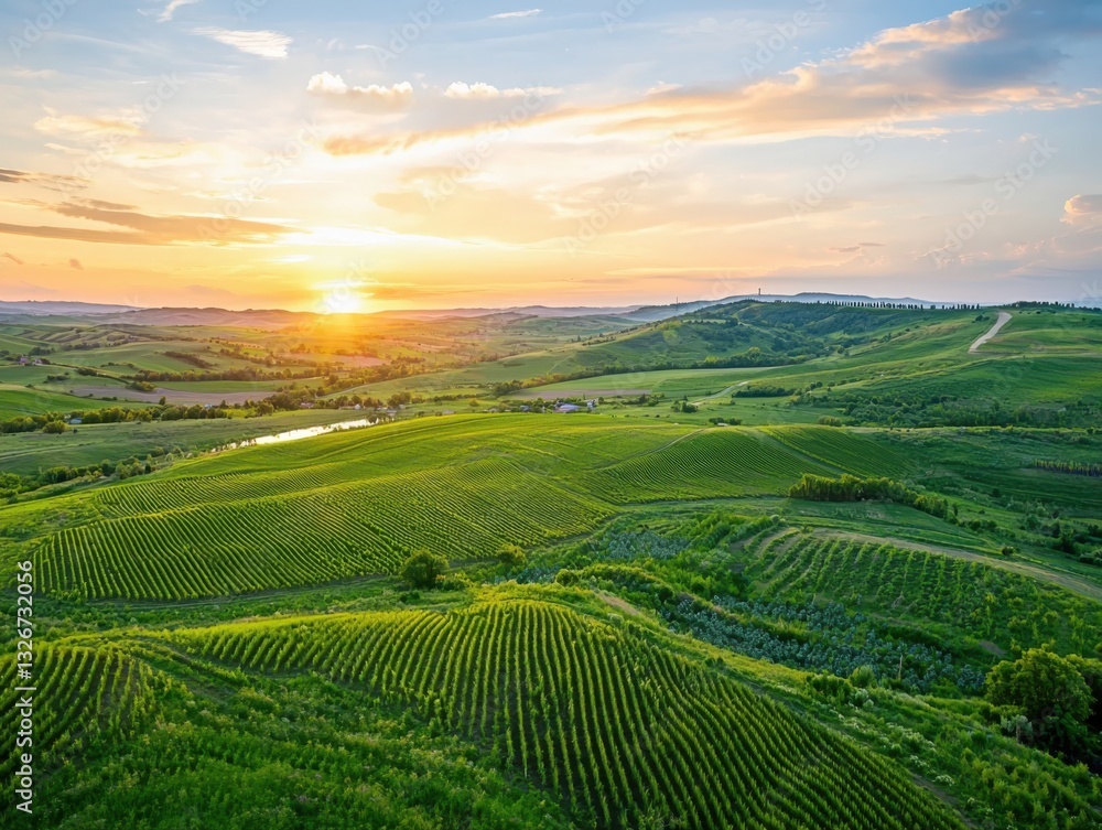 Fototapeta premium Regenerative farming methods showcase vibrant farm landscape at sunset aerial view of rotating crops and healthy soil structures