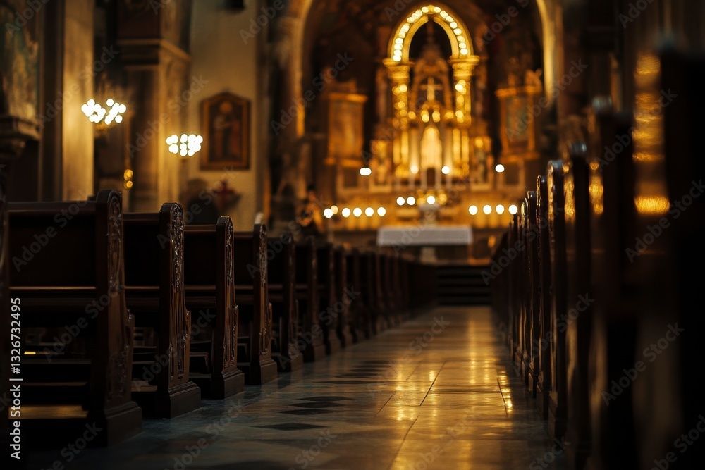 Interior of Religious Temple with Wooden Pews and Altar Aglow with Candles Interior of Religious Temple with Wooden Pews and Altar Aglow with Candles