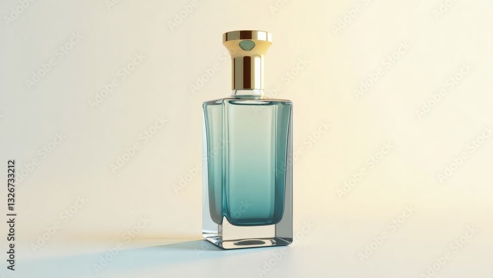 a sleek perfume bottle with an elegant design, featuring a gradient blue and gold accents, The bottle is standing a sleek perfume bottle with an elegant design, featuring a gradient blue and gold accents, The bottle is standing