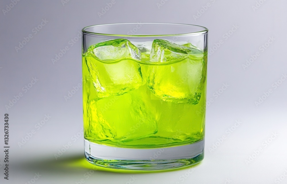 Close up of a rocks glass filled with bright chartreuse liquid and ice cubes, set against a neutral gray background. The image features a shallow depth of field and soft lighting. Close up of a rocks glass filled with bright chartreuse liquid and ice cubes, set against a neutral gray background. The image features a shallow depth of field and soft lighting.