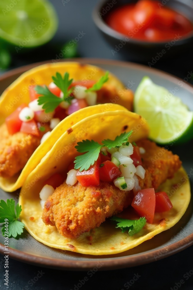 Crispy battered fish tacos with vibrant salsa, cilantro, lime , colorful, fresh, hot Crispy battered fish tacos with vibrant salsa, cilantro, lime , colorful, fresh, hot