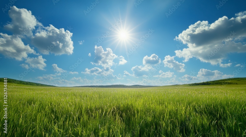 Obraz premium Vibrant green field under a bright sunny sky with fluffy white clouds. Lush vegetation stretches to the horizon.