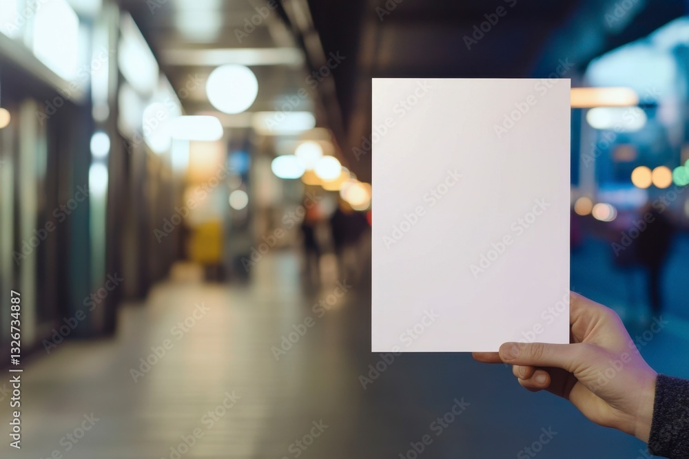 Hand holds blank paper sheet indoors blurry bokeh lights background - perfect for mockups and message boards Hand holds blank paper sheet indoors blurry bokeh lights background - perfect for mockups and message boards