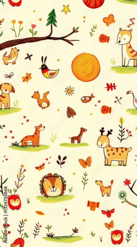 Fototapeta premium a cute illustration of various adorable animals, and nature elements in a seamless pattern