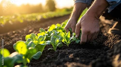 farmer carefully planting lettuce seedlings in rich soil during sunny day, showcasing dedication and growth in agriculture. vibrant green leaves contrast with dark earth