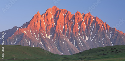 Majestic mountains reflect in a serene river at sunset, surrounded by lush greenery and a tranquil landscape.