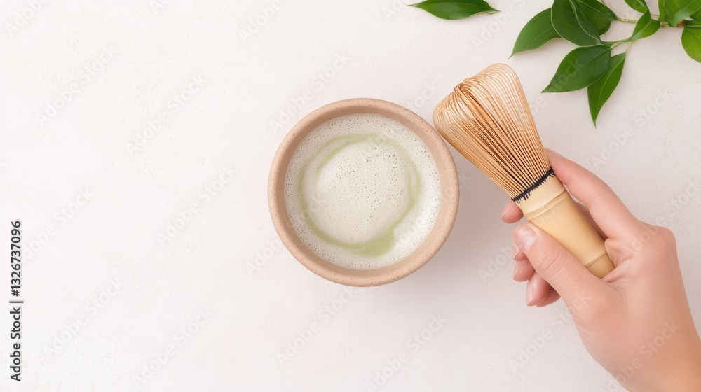 A hand holding a bamboo whisk, preparing a bowl of matcha tea, with green leaves in the background. A hand holding a bamboo whisk, preparing a bowl of matcha tea, with green leaves in the background.