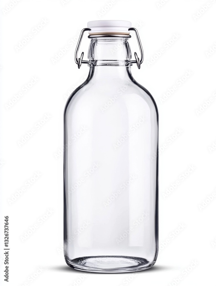 Clear glass bottle with a swing top closure against a white background. The bottle is empty and has a simple, cylindrical shape. Clear glass bottle with a swing top closure against a white background. The bottle is empty and has a simple, cylindrical shape.
