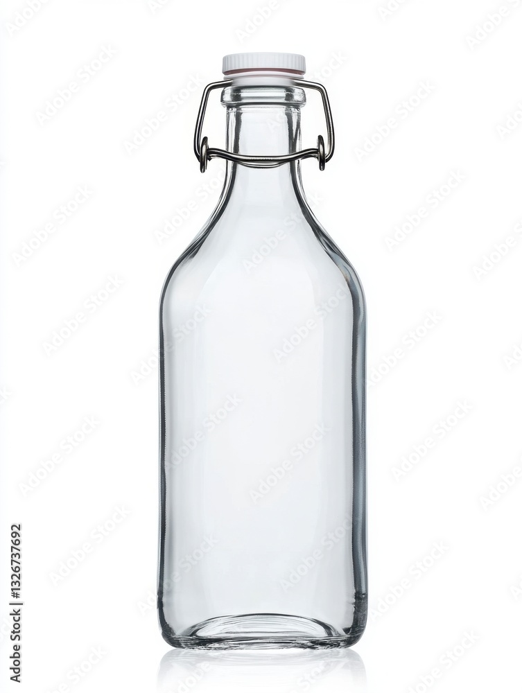 Clear glass bottle with swing top on white background. Perfect for showcasing beverages or other products. Clear glass bottle with swing top on white background. Perfect for showcasing beverages or other products.