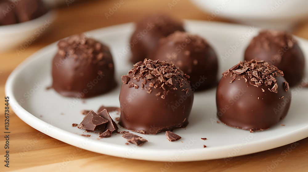 Rich and indulgent dark chocolate truffles coated in smooth chocolate shell and topped with finely chopped chocolate pieces, elegantly arranged on white plate Rich and indulgent dark chocolate truffles coated in smooth chocolate shell and topped with finely chopped chocolate pieces, elegantly arranged on white plate