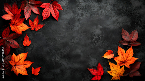 A vibrant arrangement of autumn leaves in shades of red and orange, set against a dark background, creating a seasonal and artistic display.