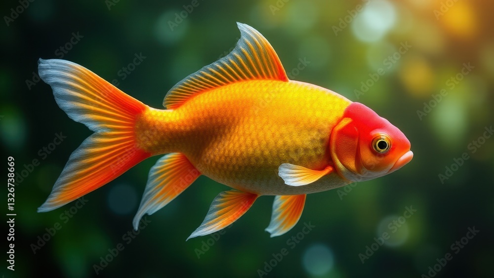 A vibrant goldfish with bright orange and red coloring swims gracefully against a blurred green background, showcasing its delicate fins and scales. A vibrant goldfish with bright orange and red coloring swims gracefully against a blurred green background, showcasing its delicate fins and scales.
