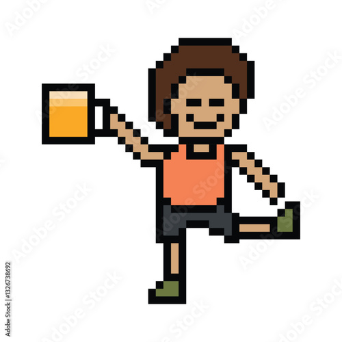 Cute pixel cartoon 8bit character man drink beer alcohol party hangout lifestyle decoration life style 8 bit male boy drinking beer isolated png vector.