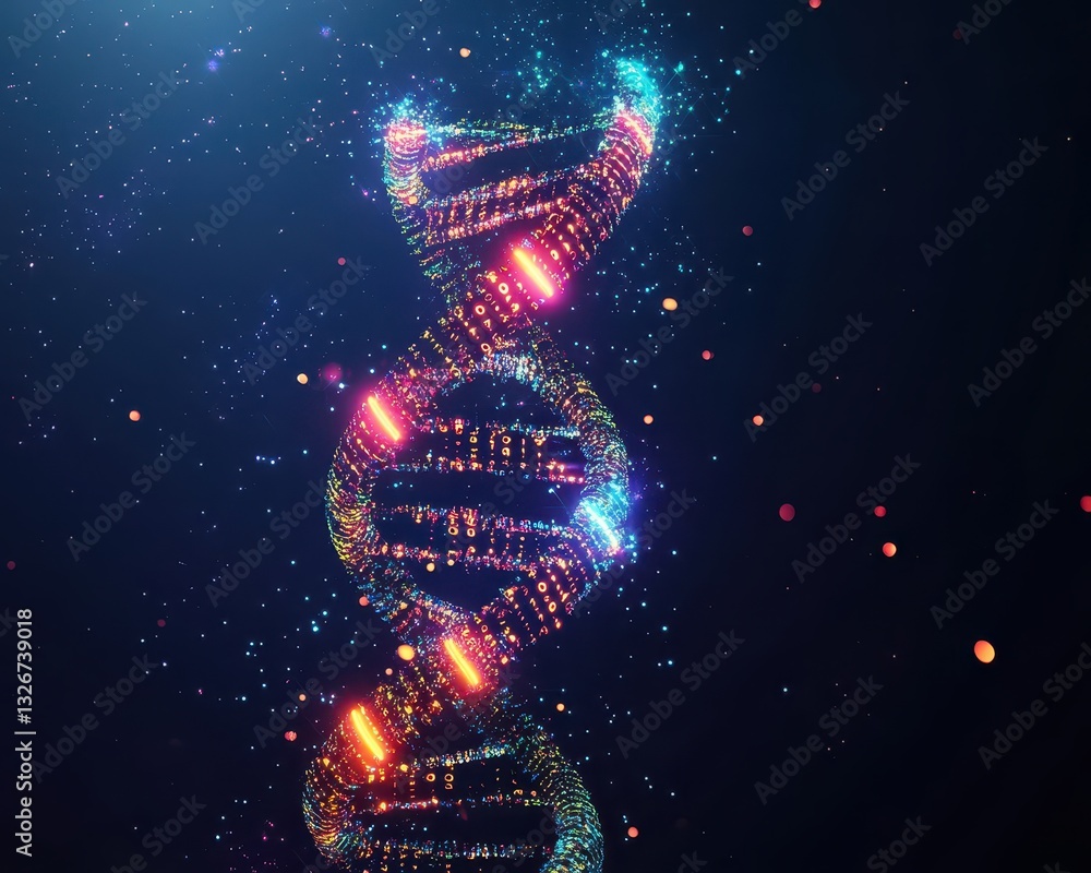 Obraz premium Digital DNA helix with neon lights and binary code, biotech cyber innovation