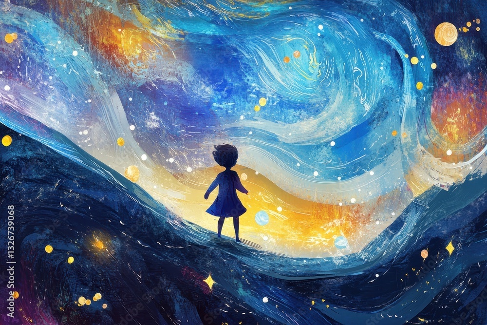 Fototapeta premium A small figure stands before a swirling starry sky background