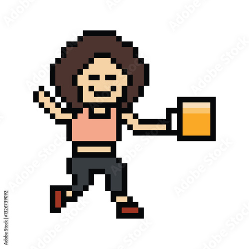 Cute pixel cartoon 8bit character woman drink beer alcohol party hangout lifestyle decoration life style 8 bit female girl drinking beer isolated png vector.