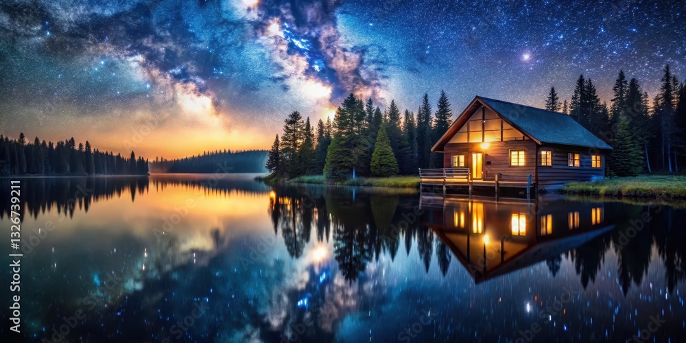 Fototapeta premium Cabin by serene lake with starry night sky reflection, peaceful lake