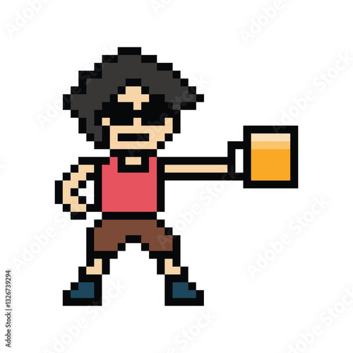Cute pixel cartoon 8bit character man drink beer alcohol party hangout lifestyle decoration life style 8 bit male boy drinking beer isolated png vector.