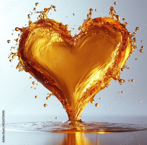 Liquid Splash in Heart Shape Isolated on White Background Hyperrealistic Golden Oil Detail
