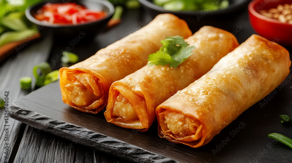 Crispy golden egg rolls served on black slate plate, garnished with fresh cilantro. rolls have crunchy texture and are accompanied by dipping sauces and chopped green onions Crispy golden egg rolls served on black slate plate, garnished with fresh cilantro. rolls have crunchy texture and are accompanied by dipping sauces and chopped green onions