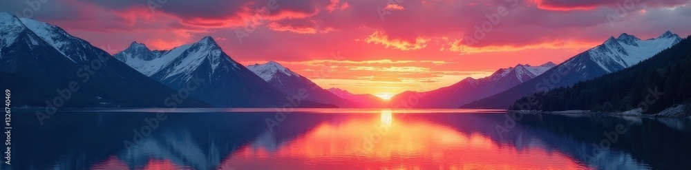 Fiery sunset, snow-capped peaks, tranquil lake, vivid, reflection Fiery sunset, snow-capped peaks, tranquil lake, vivid, reflection