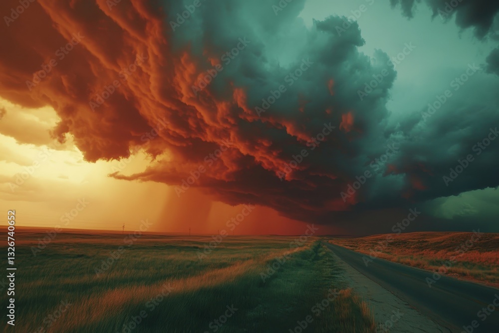 Naklejka premium A dirt road in a field with a tornado in the background