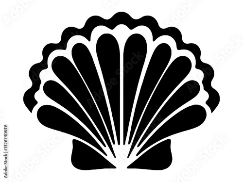A black and white illustration of a scallop shell, which is a type of marine mollusk known for its distinctive ridged shell.