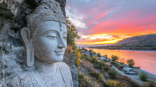 A serene Buddha statue overlooks a tranquil river at sunset, with vibrant colors illuminating the sky and surrounding landscape.