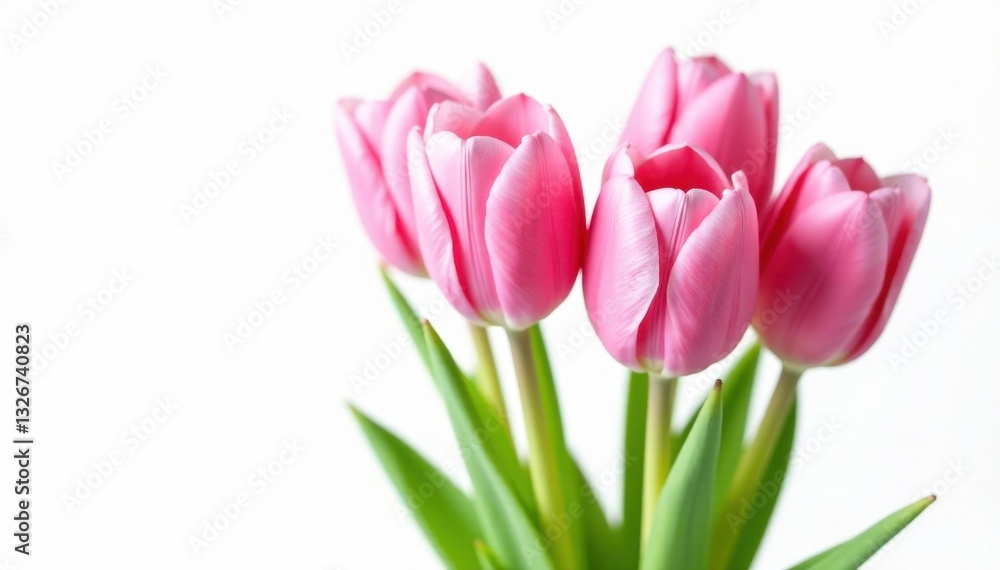 Five delicate pink tulips, tightly clustered, isolated on pure white , nature, soft, white background Five delicate pink tulips, tightly clustered, isolated on pure white , nature, soft, white background