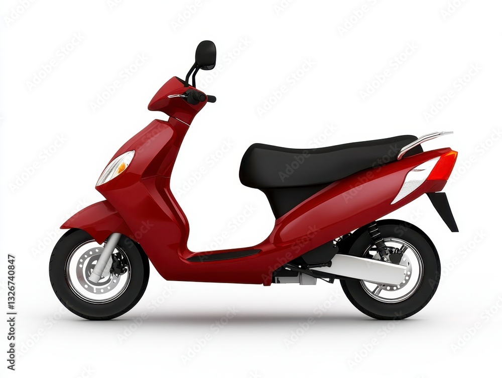 Crimson red motor scooter with black seat, isolated on white background. Studio shot of a modern two wheeled vehicle. Crimson red motor scooter with black seat, isolated on white background. Studio shot of a modern two wheeled vehicle.
