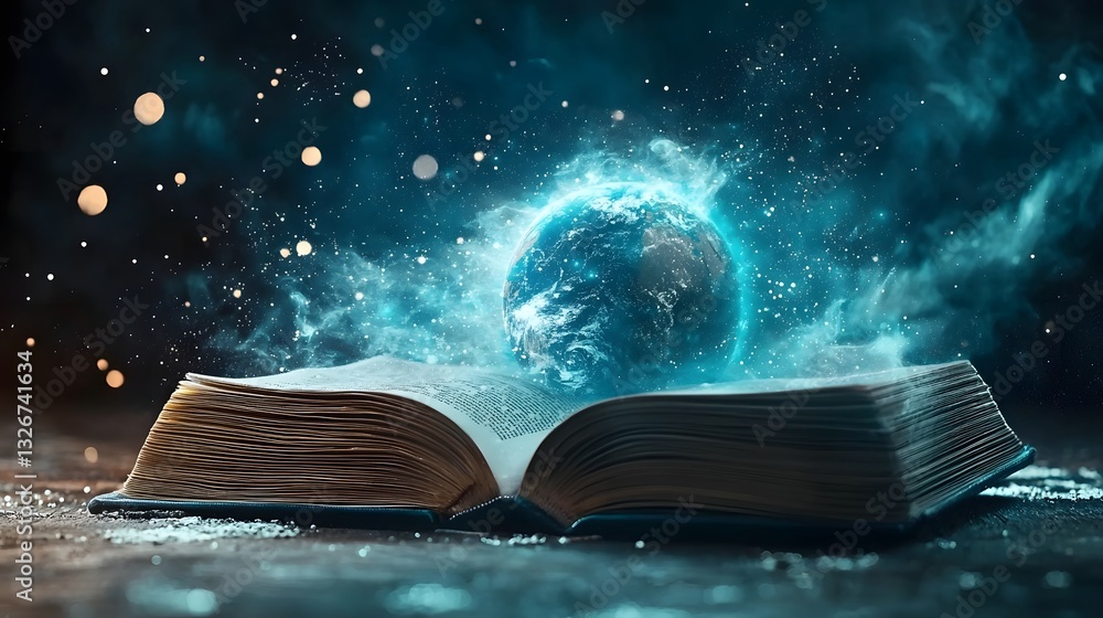 Fototapeta premium Conceptual image of an open book revealing satellite imagery and weather patterns symbolizing the study of climatology geography and environmental data analysis
