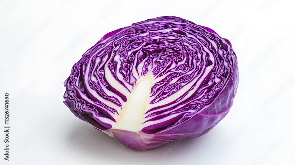 vibrant purple cabbage sliced in half showcasing its intricate patterns and vivid colors. fresh and healthy vegetable is displayed on clean white background, highlighting its natural beauty vibrant purple cabbage sliced in half showcasing its intricate patterns and vivid colors. fresh and healthy vegetable is displayed on clean white background, highlighting its natural beauty