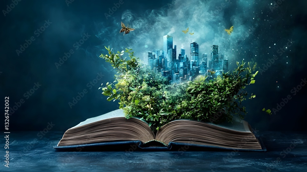 Fototapeta premium Futuristic cityscape emerging from the pages of an open book visualizing the impact of human geography and the evolution of urban environments This conceptual explores the intersection of knowledge