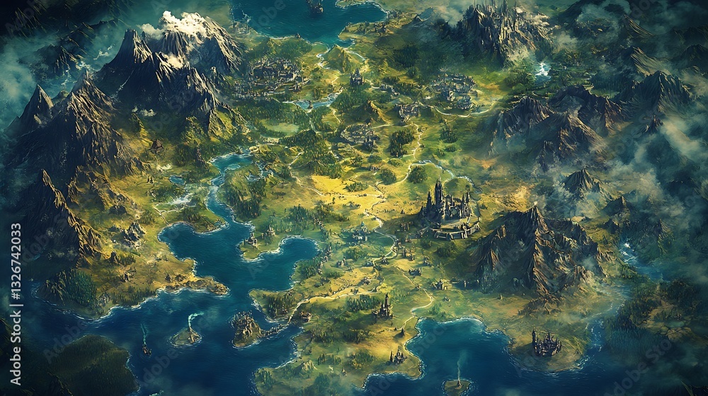 Fototapeta premium Detailed Fantasy World Map Featuring Mountains, Waterways, and Ancient Cities