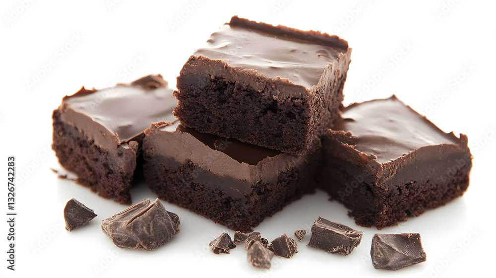 Rich and fudgy chocolate brownies with glossy ganache topping, stacked on white background with chocolate chunks scattered around, creating delicious and indulgent dessert scene Rich and fudgy chocolate brownies with glossy ganache topping, stacked on white background with chocolate chunks scattered around, creating delicious and indulgent dessert scene