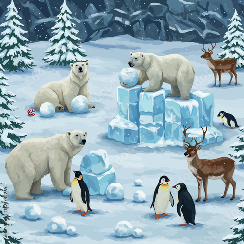 Winter Scene with Polar Bears Deer and Penguins Playing in Snow