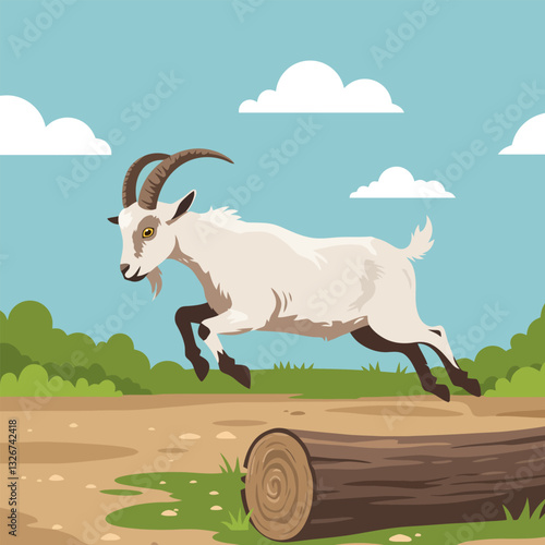 Goat Jumping Over Log in Field with Clouds in Sky
