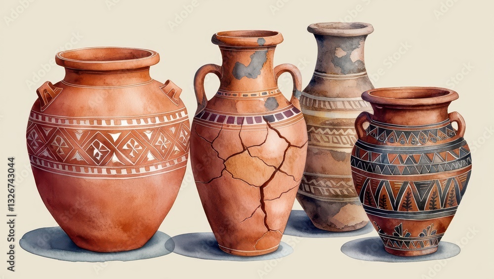 Ancient Greek Pottery Collection Hand painted Watercolor Jars and Vases Archaeological Artifacts Ancient Greek Pottery Collection Hand painted Watercolor Jars and Vases Archaeological Artifacts