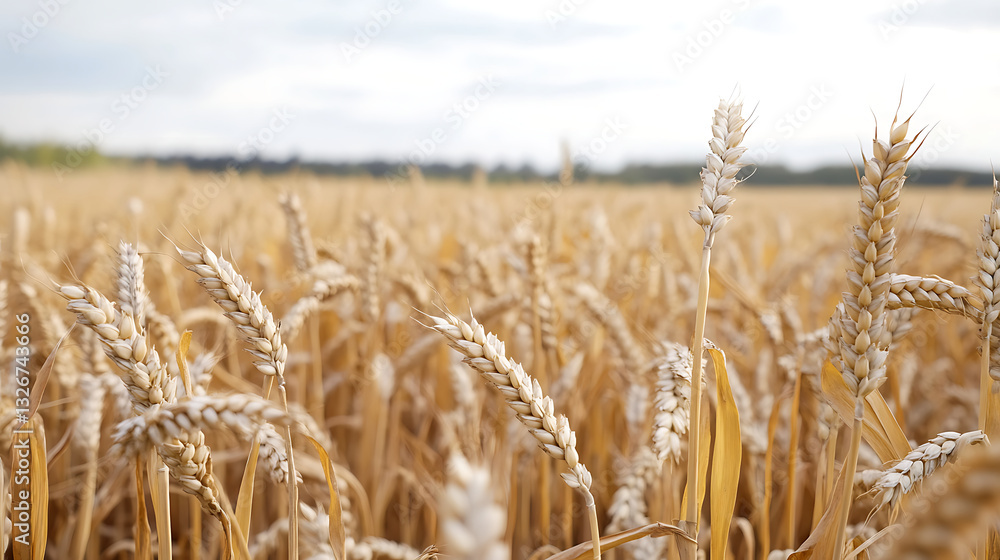 Golden wheat field with ripe grains swaying under soft cloudy sky, evoking sense of abundance and tranquility in rural landscape Golden wheat field with ripe grains swaying under soft cloudy sky, evoking sense of abundance and tranquility in rural landscape